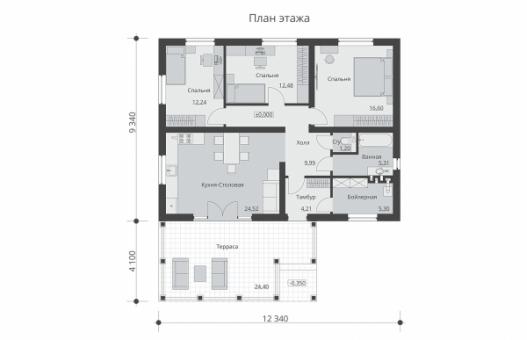 Одноэтажный дом с просторной террасой и тремя спальнями